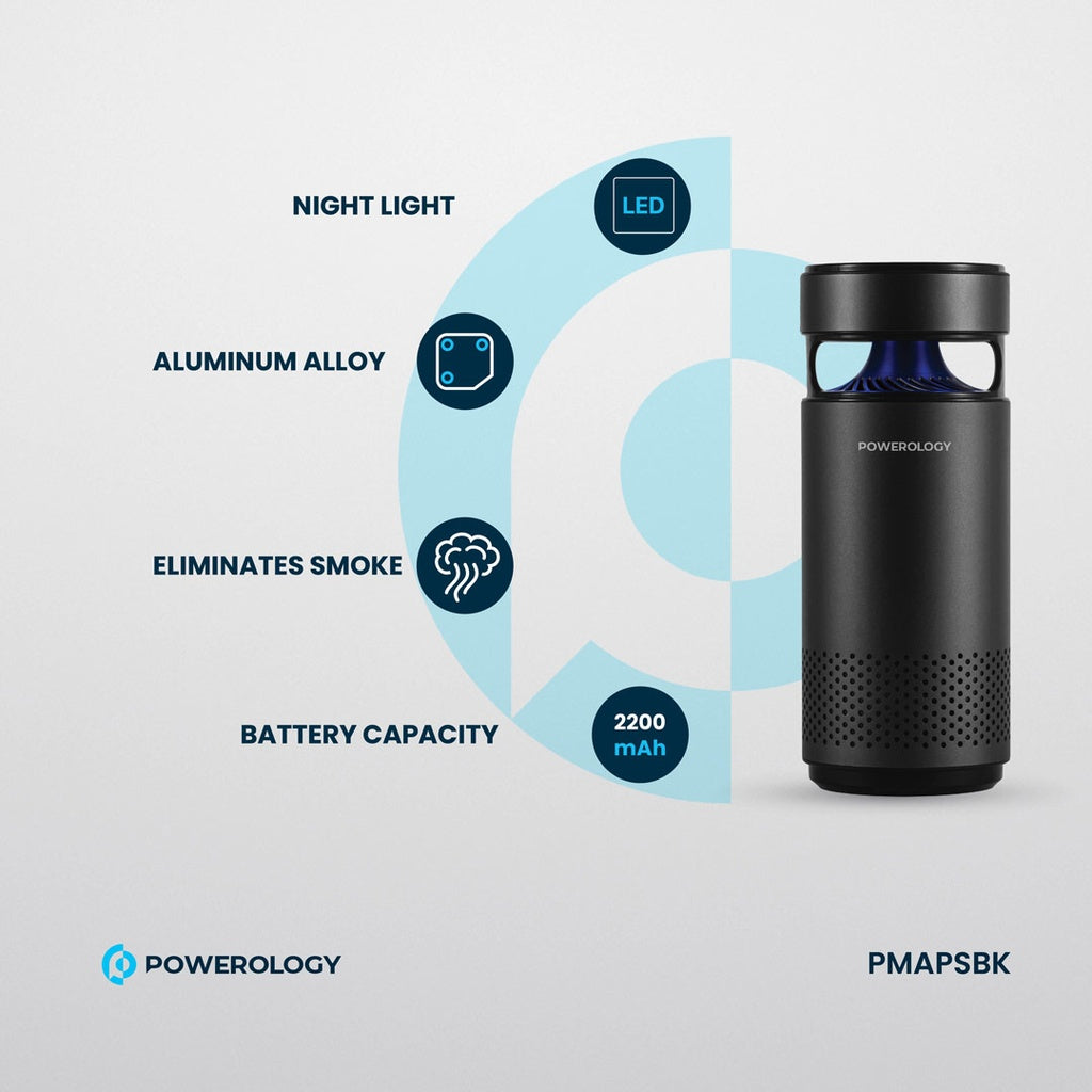 جهاز تنقية الهواء المحمول من باورولوجي مع تقنية التعقيم بالاشعة - اسود | Powerology Portable Mini Air Purifier with UVC LED Sterilization - Black