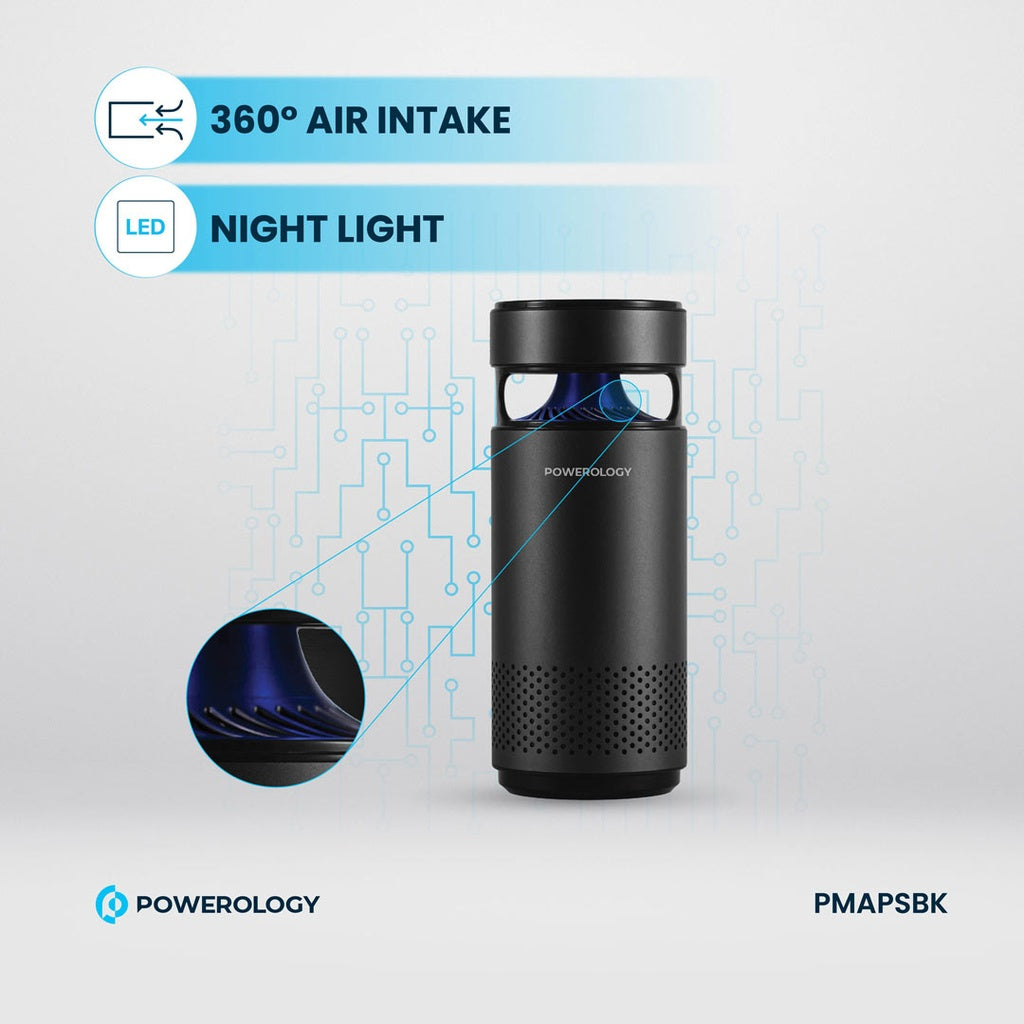 جهاز تنقية الهواء المحمول من باورولوجي مع تقنية التعقيم بالاشعة - اسود | Powerology Portable Mini Air Purifier with UVC LED Sterilization - Black