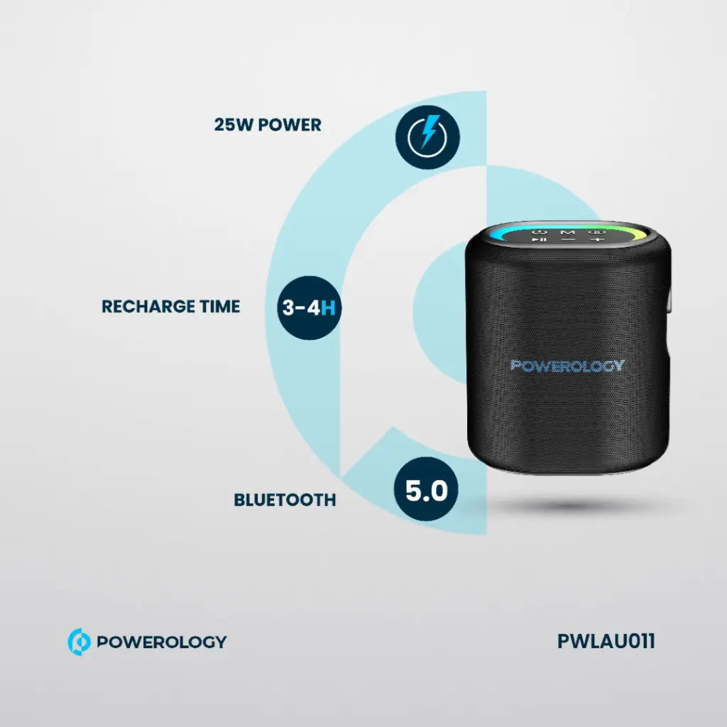 سبيكر باورولوجي اللاسلكي بقوة 20 واط, تشغيل 8 ساعات - اسود | Powerology TWS Speaker 20W – 8H Playtime – Black.