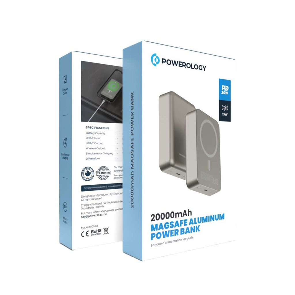 باور بانك باورولوجي المنيوم 20000mAh ومتوافق مع ماج سيف, شحن سريع 20 واط - رمادي | Powerology 20000mAh MagSafe Aluminum Power Bank – 20W PD – Grey.