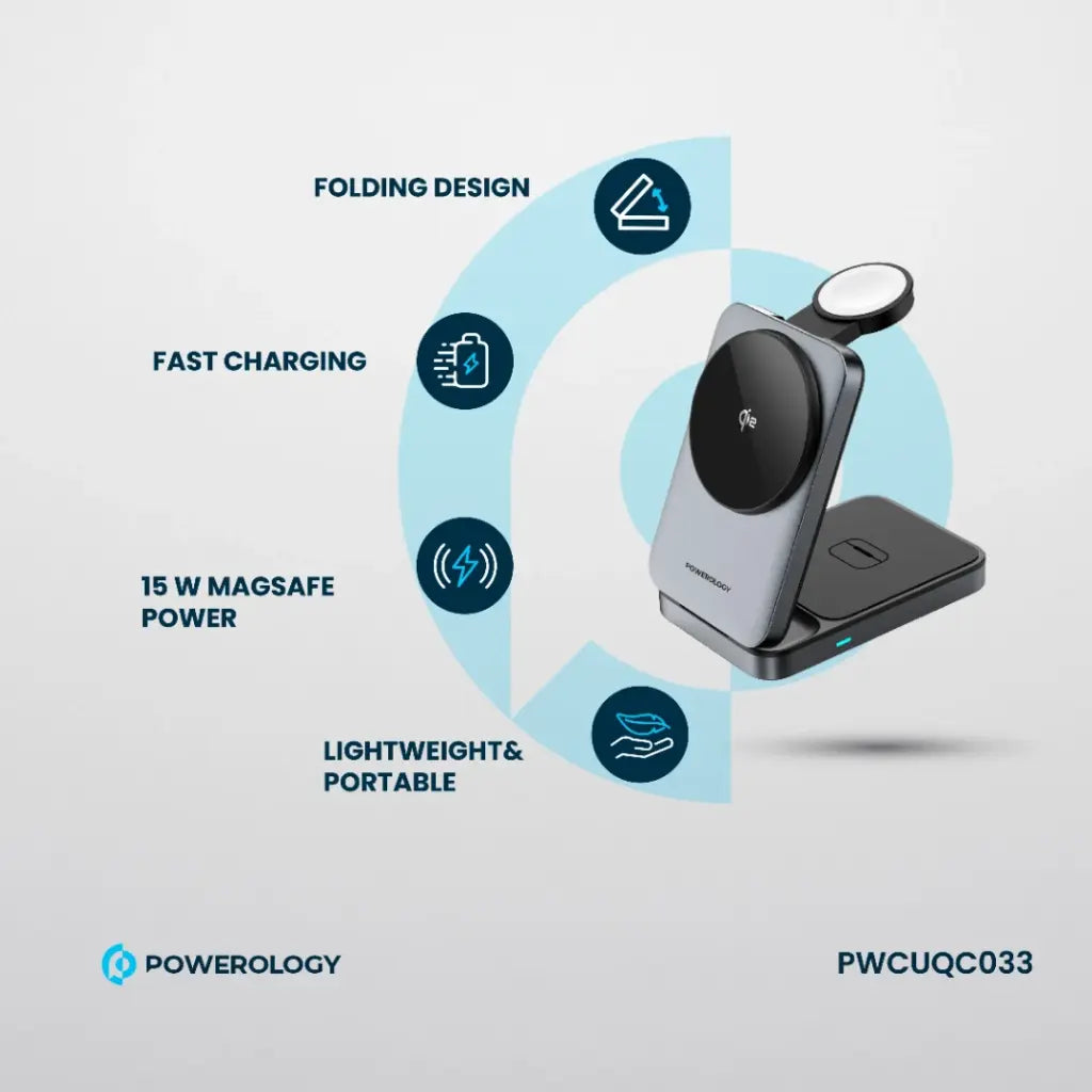 شاحن وحامل هاتف باورولوجي المغناطيسي القابل للطي مع شحن لاسلكي 3 في 1 - اسود | Powerology 3-in-1 Foldable Magnetic Wireless Charging Bracket - Black.