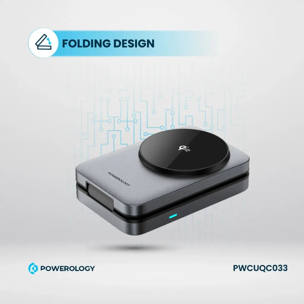 شاحن وحامل هاتف باورولوجي المغناطيسي القابل للطي مع شحن لاسلكي 3 في 1 - اسود | Powerology 3-in-1 Foldable Magnetic Wireless Charging Bracket - Black.