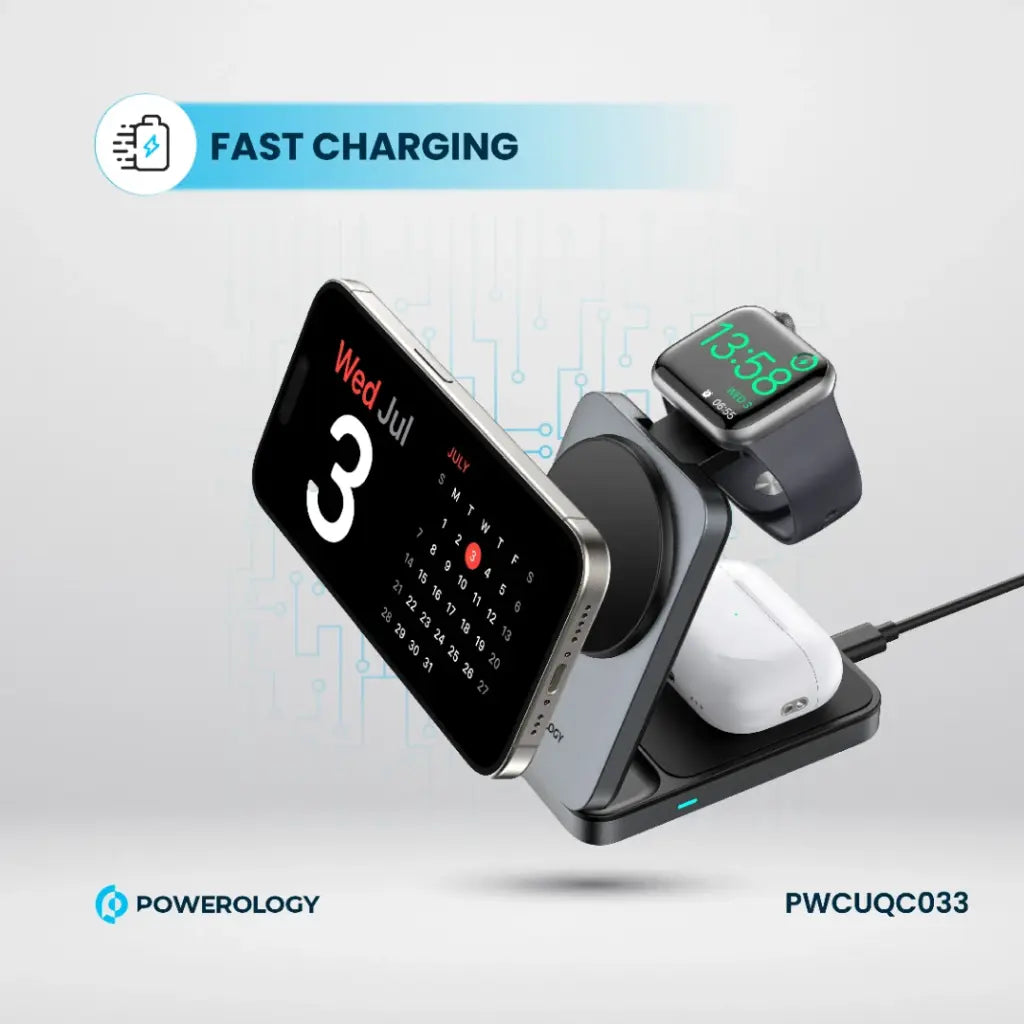 شاحن وحامل هاتف باورولوجي المغناطيسي القابل للطي مع شحن لاسلكي 3 في 1 - اسود | Powerology 3-in-1 Foldable Magnetic Wireless Charging Bracket - Black.