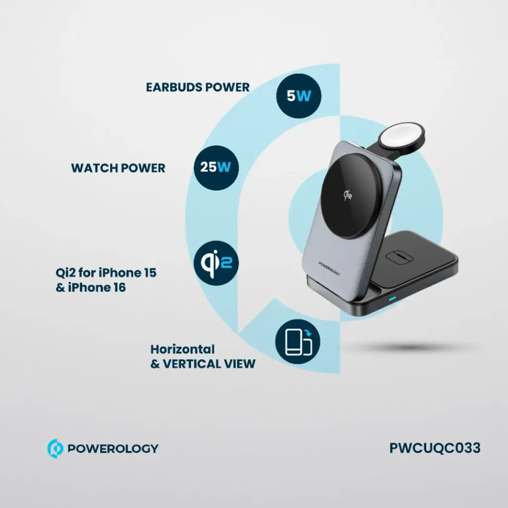 شاحن وحامل هاتف باورولوجي المغناطيسي القابل للطي مع شحن لاسلكي 3 في 1 - اسود | Powerology 3-in-1 Foldable Magnetic Wireless Charging Bracket - Black.