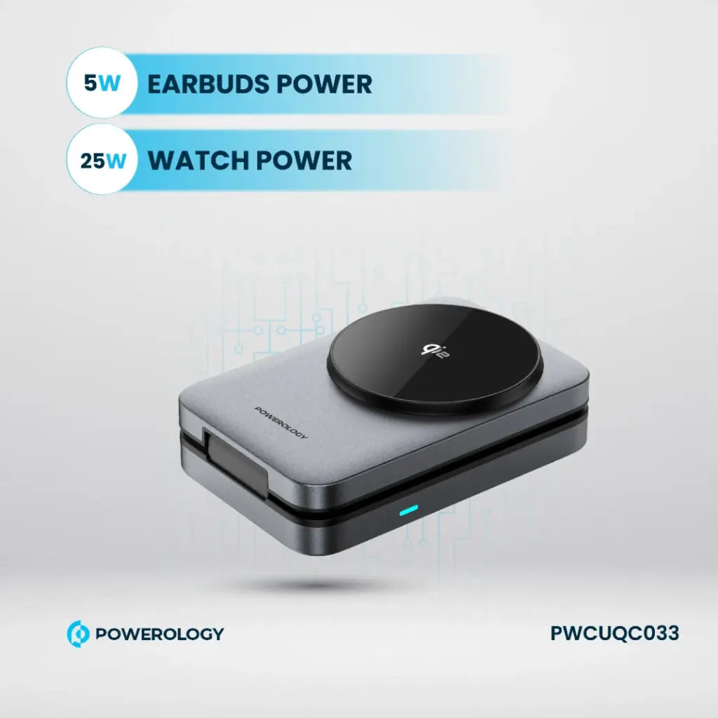 شاحن وحامل هاتف باورولوجي المغناطيسي القابل للطي مع شحن لاسلكي 3 في 1 - اسود | Powerology 3-in-1 Foldable Magnetic Wireless Charging Bracket - Black.