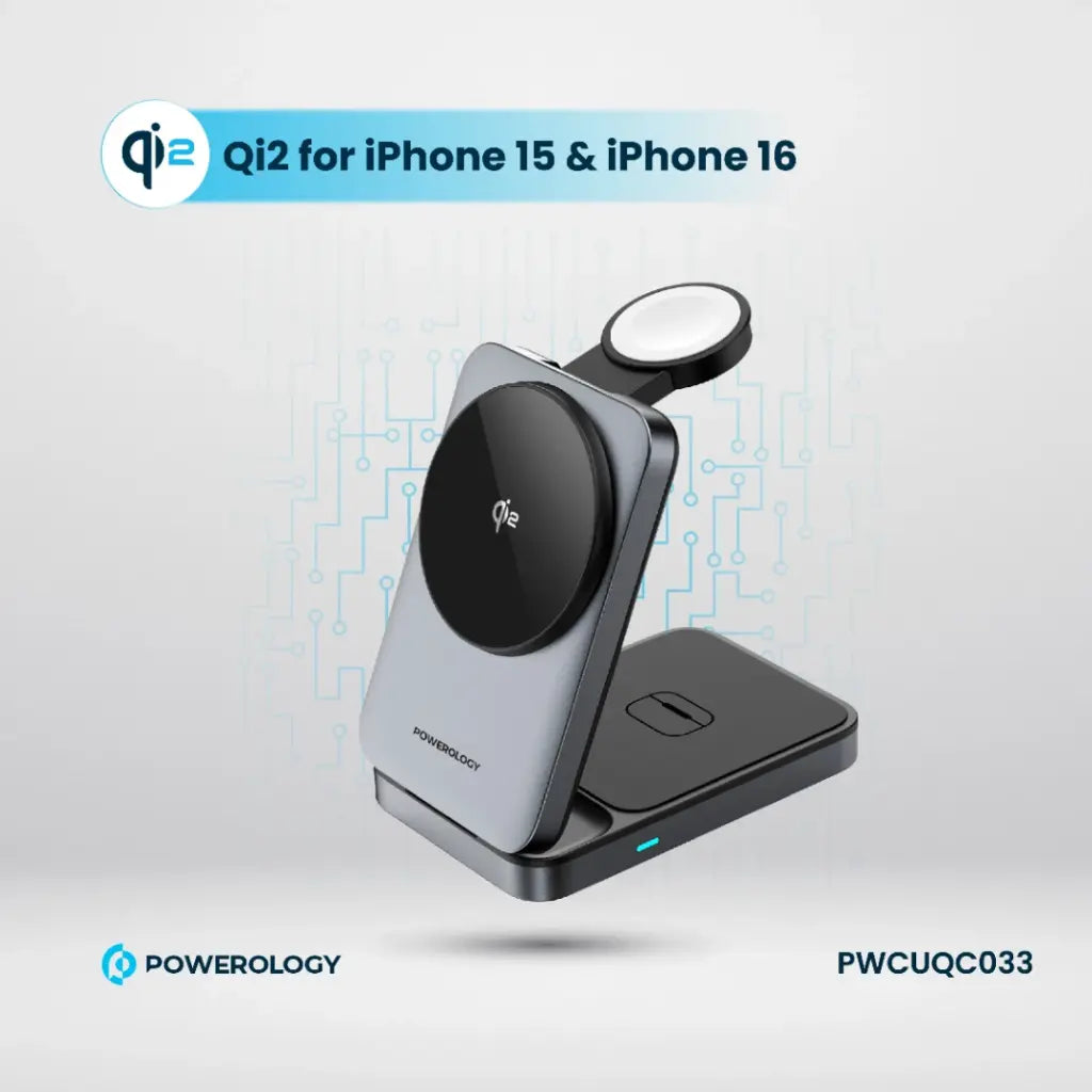 شاحن وحامل هاتف باورولوجي المغناطيسي القابل للطي مع شحن لاسلكي 3 في 1 - اسود | Powerology 3-in-1 Foldable Magnetic Wireless Charging Bracket - Black.