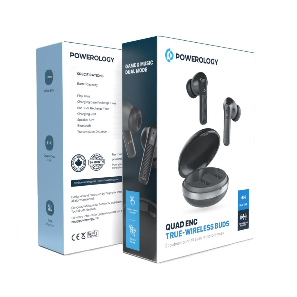 سماعات باورولوجي TWS اللاسلكية بمايكرفون رباعي وعزل ضوضاء | Powerology TWS Earphone with Quad Mic ENC.