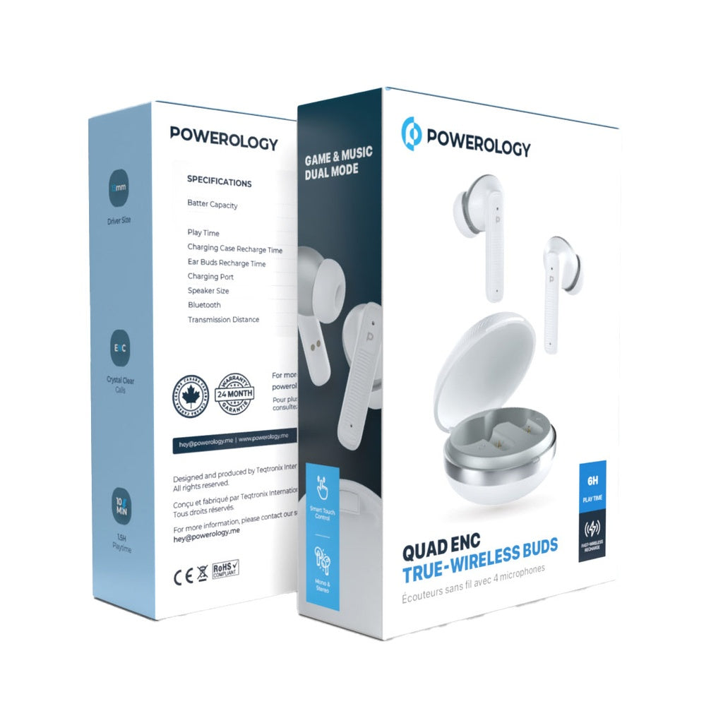 سماعات باورولوجي TWS اللاسلكية بمايكرفون رباعي وعزل ضوضاء | Powerology TWS Earphone with Quad Mic ENC.