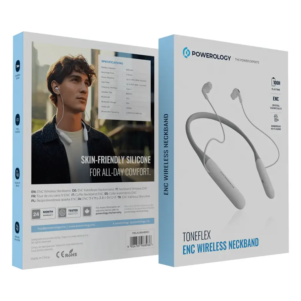 سماعة باورولوجي اللاسلكية حول الرقبة بتقنية الغاء الضوضاء, تشغيل حتى 100 ساعة | Powerology Wireless Neckband Earphones - Up to 100H Playtime.