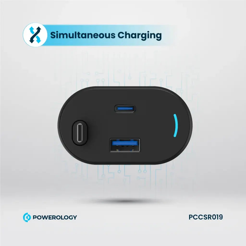 شاحن سيارة باورولوجي بمنفذي يو اس بي اي 18 واط و PD بقدرة 65 واط وكيبل تايب سي مدمج بطول 1 متر | Powerology 103W Dual Ports Car Charger PD65W + QC18W with 1m Built-In Type-C Cable.