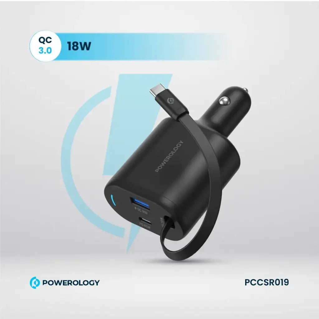 شاحن سيارة باورولوجي بمنفذي يو اس بي اي 18 واط و PD بقدرة 65 واط وكيبل تايب سي مدمج بطول 1 متر | Powerology 103W Dual Ports Car Charger PD65W + QC18W with 1m Built-In Type-C Cable.