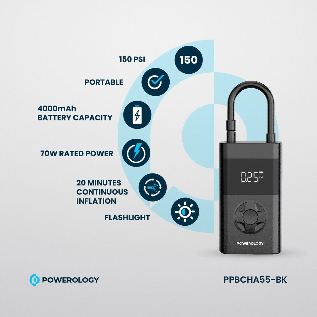 منفاخ هواء باورولوجي المحمول, بطارية بسعة 4000mAh, متعدد الوضائف مع باور بانك - اسود | Powerology 4000mAh 3C Mini Air Pump & Power Bank – Black.