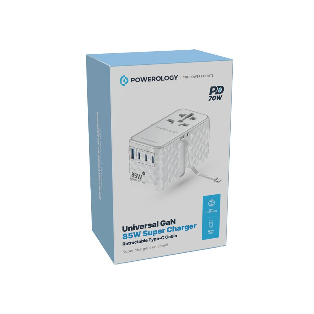 شاحن باورولوجي العالمي GaN, شحن سريع بقدرة 85 واط مع كيبل تايب سي مدمج قابل للسحب | Powerology GaN 85W Super Charger with Retractable Type-C Cable.