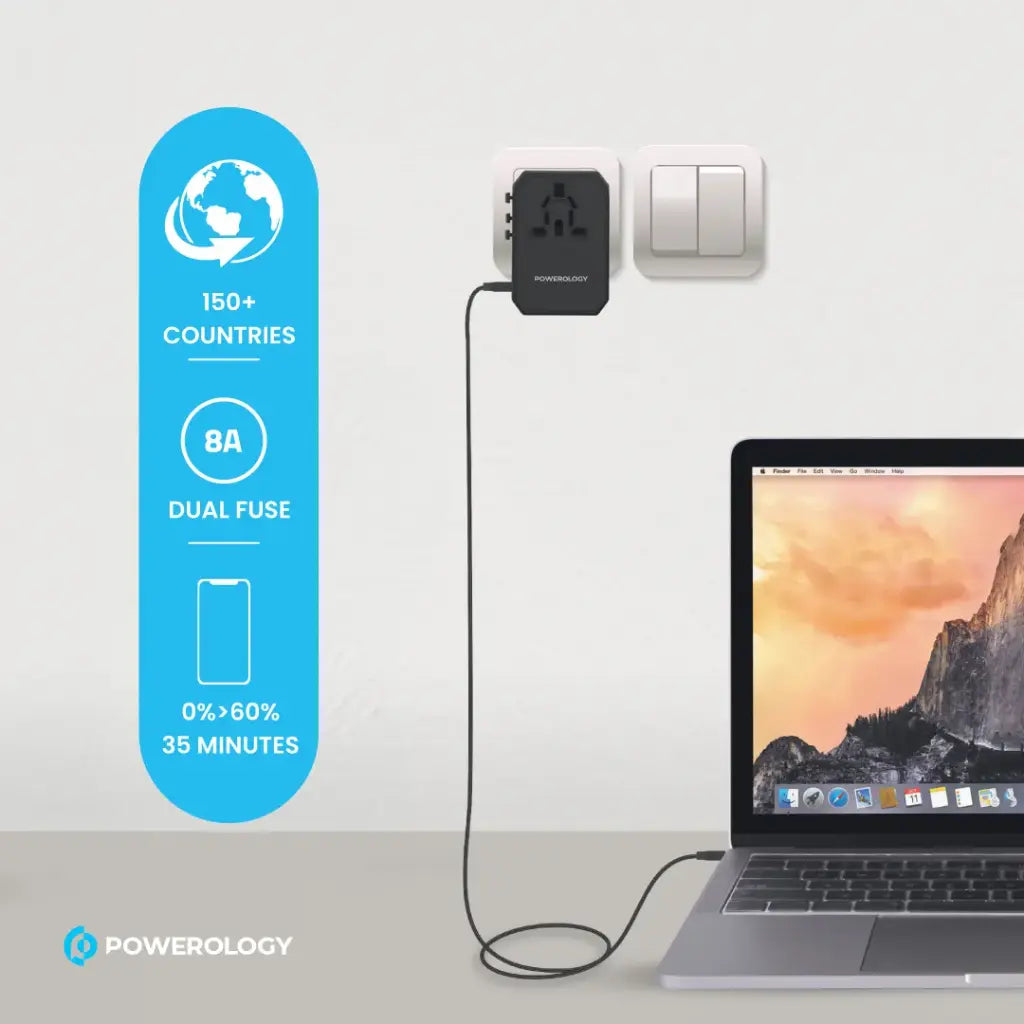 Powerology Universal Travel Charger 45W PD with Triple USB-A - شاحن باورلوجي العالمي بمدخل تايب سي وثلاثة USB-A