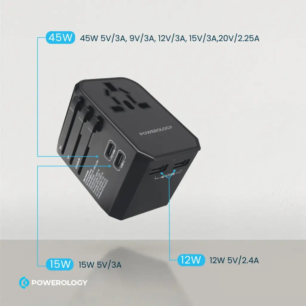 Powerology Universal Travel Charger 45W PD with Triple USB-A - شاحن باورلوجي العالمي بمدخل تايب سي وثلاثة USB-A