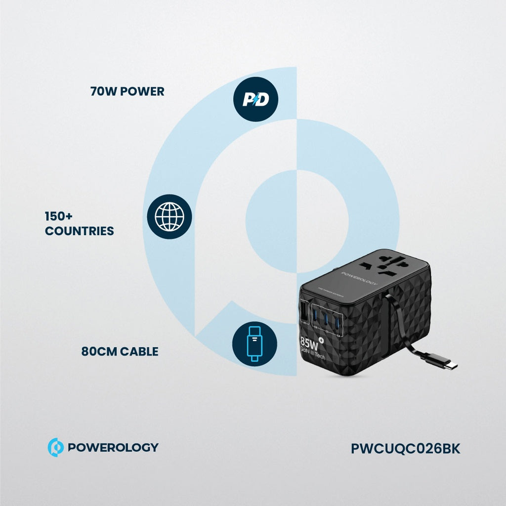 شاحن باورولوجي العالمي GaN, شحن سريع بقدرة 85 واط مع كيبل تايب سي مدمج قابل للسحب | Powerology GaN 85W Super Charger with Retractable Type-C Cable.