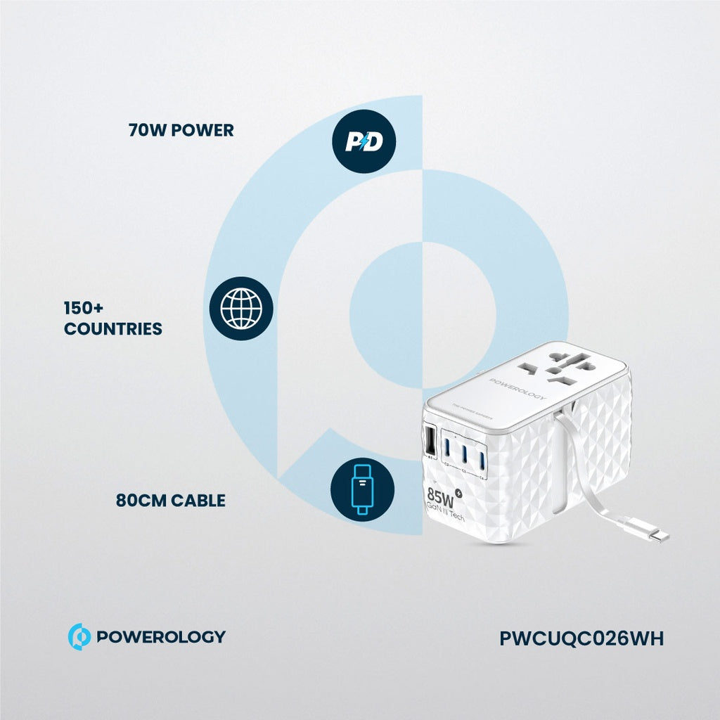 شاحن باورولوجي العالمي GaN, شحن سريع بقدرة 85 واط مع كيبل تايب سي مدمج قابل للسحب | Powerology GaN 85W Super Charger with Retractable Type-C Cable.
