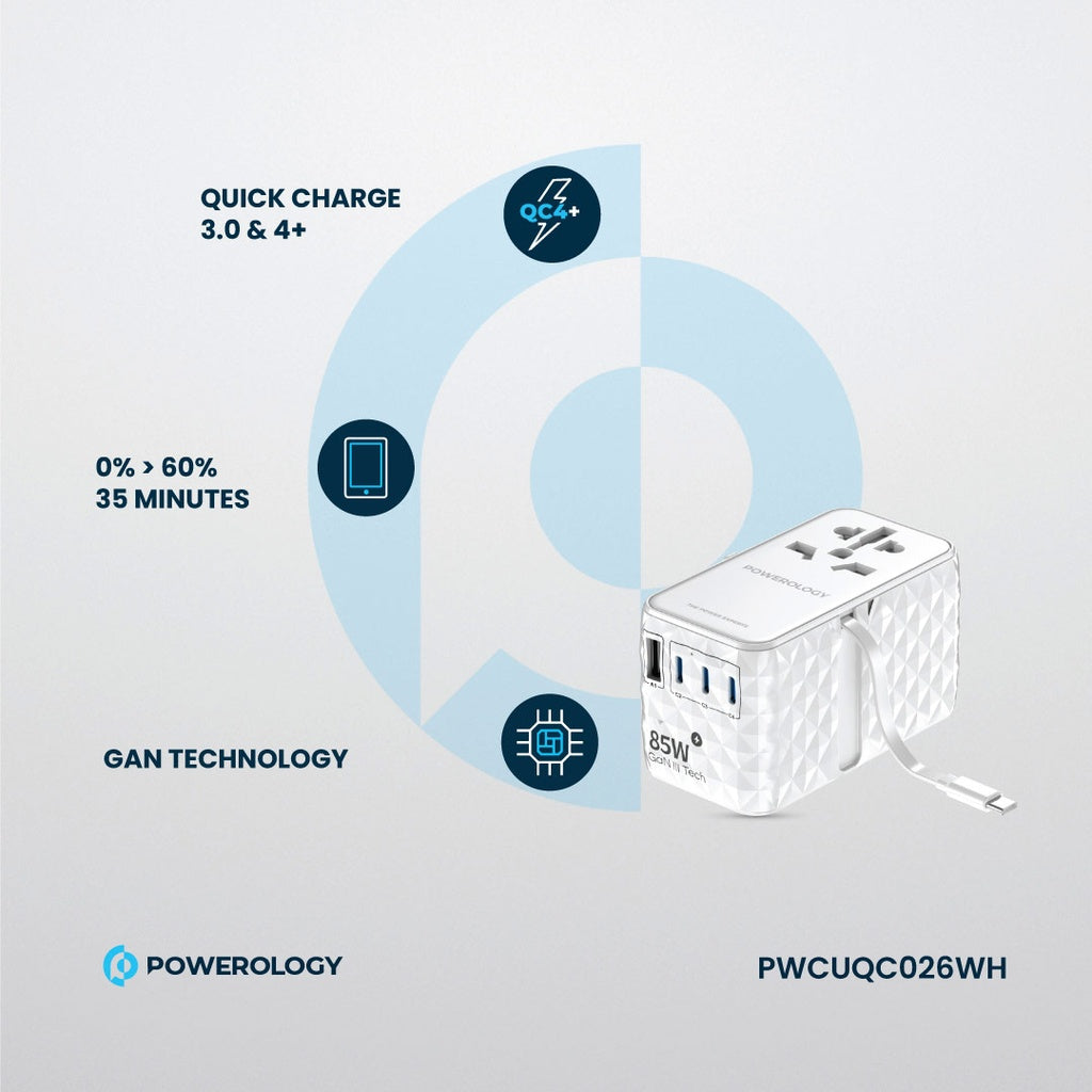شاحن باورولوجي العالمي GaN, شحن سريع بقدرة 85 واط مع كيبل تايب سي مدمج قابل للسحب | Powerology GaN 85W Super Charger with Retractable Type-C Cable.
