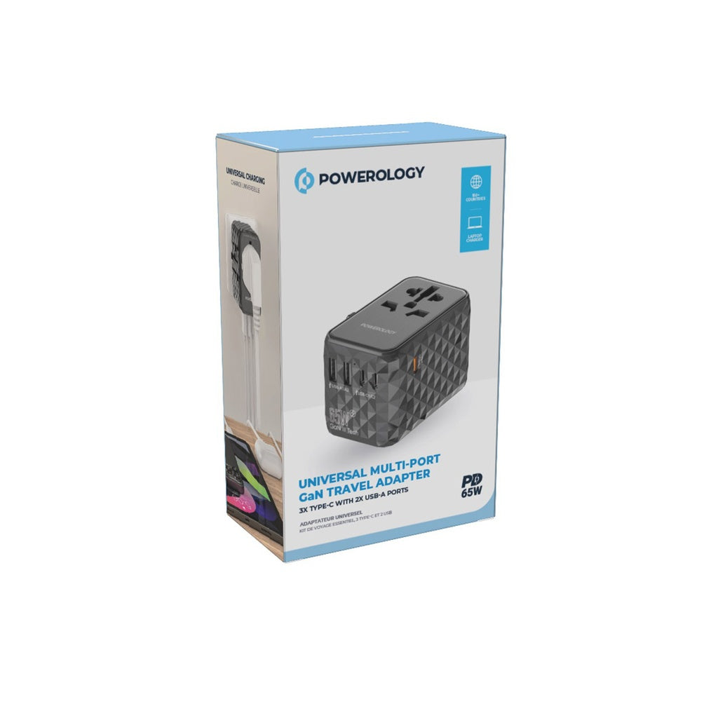 شاحن السفر العالمي من باورولوجي بقدرة 65 واط, 3 منافذ تايب سي ومنفذين تايب اي - رمادي | Powerology Universal Multi-Port Travel Adapter PD 65W.