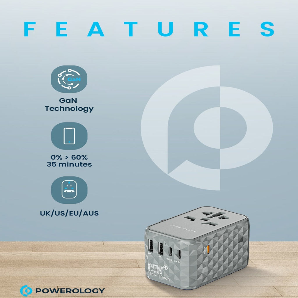 شاحن السفر العالمي من باورولوجي بقدرة 65 واط, 3 منافذ تايب سي ومنفذين تايب اي - رمادي | Powerology Universal Multi-Port Travel Adapter PD 65W.