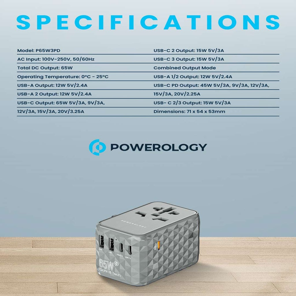 شاحن السفر العالمي من باورولوجي بقدرة 65 واط, 3 منافذ تايب سي ومنفذين تايب اي - رمادي | Powerology Universal Multi-Port Travel Adapter PD 65W.