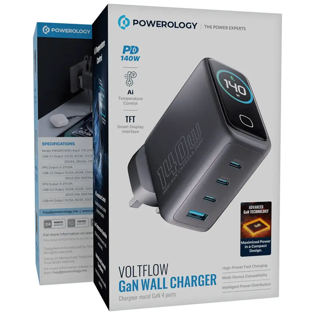 شاحن باورولوجي فولت فلو GaN بقدرة شحن 140 واط مع شاشة TFT - اسود | Powerology 140W VoltFlow GaN 4-Port Charger with TFT Display – Black