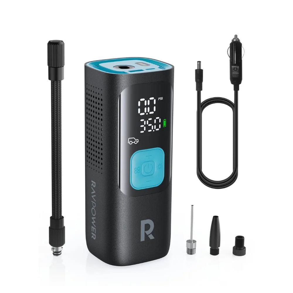 منفاخ هواء ذكي راف باور 3 في 1 مع باور بانك وكشاف LED  - اسود | RAVPOWER PB1233 3-in-1 Smart Air Compressor with Power Bank & LED Flashlight – Black