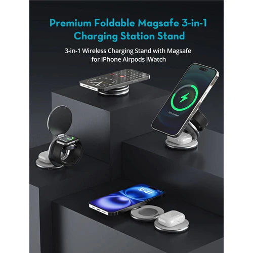 RAVPower 3-in-1 MagSafe 15W Wireless Charging Station - شاحن لاسلكي 3 في 1 من راف باور مغناطيسي ماجسيف بقدرة 15 واط قابل للطي