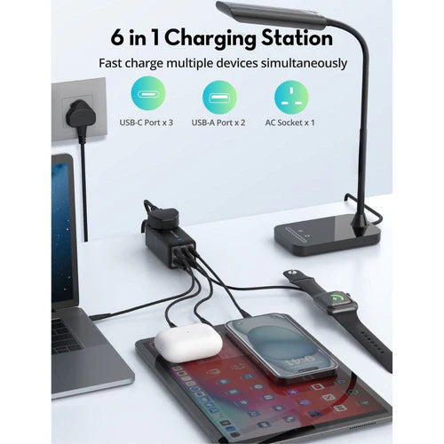RAVPower 75W Power Strip 5-Port + AC Socket & Travel Charger - شريط طاقة راف باور 75 واط مع 5 منافذ وقابس كهربائي وشاحن سفر