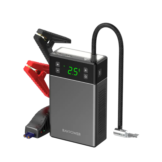 شاحن بطارية سيارة 12000 الف ملي امبير قدرة 800 امبير مع لايت عملاق ومنافذ شحن - RAVPower Jump Starter With Air Compressor 12000mAh