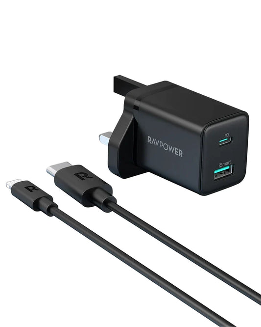 شاحن بقدرة 20واط مع منفذين مع كيبل تايب سي الى لايتننغ - RAVPower 20W Dual Port Charger with Type-C to Lightning Cable