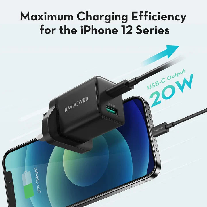 شاحن بقدرة 20واط مع منفذين مع كيبل تايب سي الى لايتننغ - RAVPower 20W Dual Port Charger with Type-C to Lightning Cable