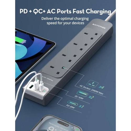 RAVPower 30W 7-in-1 Power Strip with 3M Extension Cord – راف باور شريط طاقة 7 في 1 مع سلك تمديد بطول 3 أمتار  قدرة 30 واط