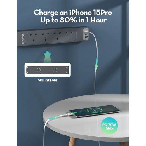 RAVPower 30W 7-in-1 Power Strip with 3M Extension Cord – راف باور شريط طاقة 7 في 1 مع سلك تمديد بطول 3 أمتار  قدرة 30 واط