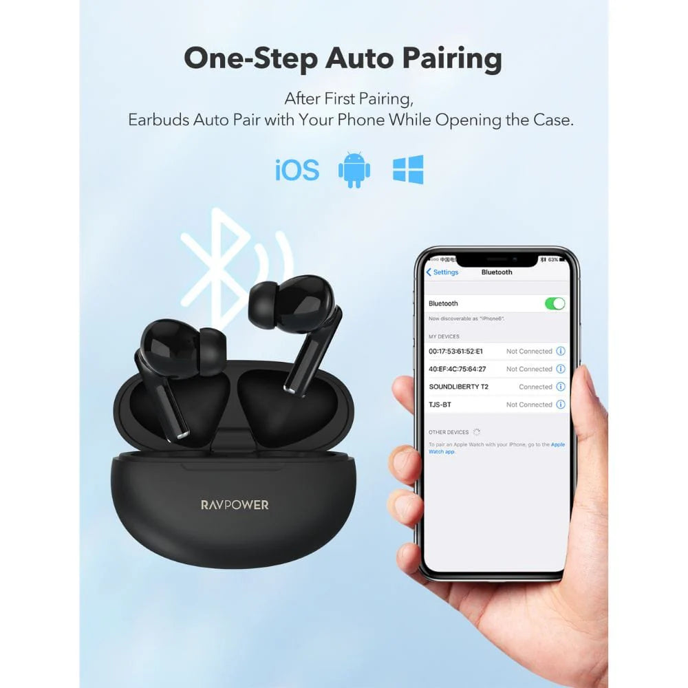 سماعات راف باور BH1018 اللاسلكية بوقت تشغيل حتى 24 ساعة - اسود | RAVPower BH1018 Studio True Wireless Bluetooth Earbuds, Up to 24H Playtime – Black