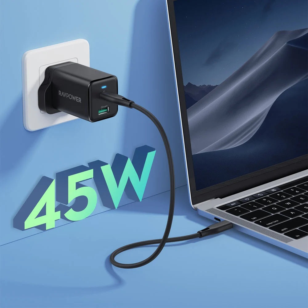 شاحن بقدرة 45 واط مع منفذين من راف باور - RAVPower Wall Charger Dual Ports Type C + USB Fast Charging