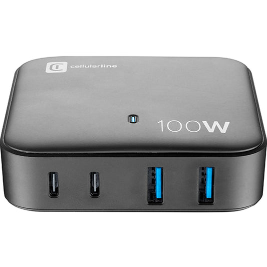 Cellularline Charger 4 Ports Gan 100W - شاحن مكتبي باربع منافذ بقدرة  100 واط من سيليلار لاين