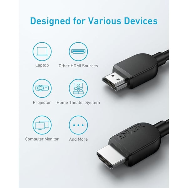 Anker 8K Ultra High-Speed HDMI Cable (6ft)  - كابل اتش دي ام اي فائق السرعة بدقة 8ك من أنكر (6 أقدام)