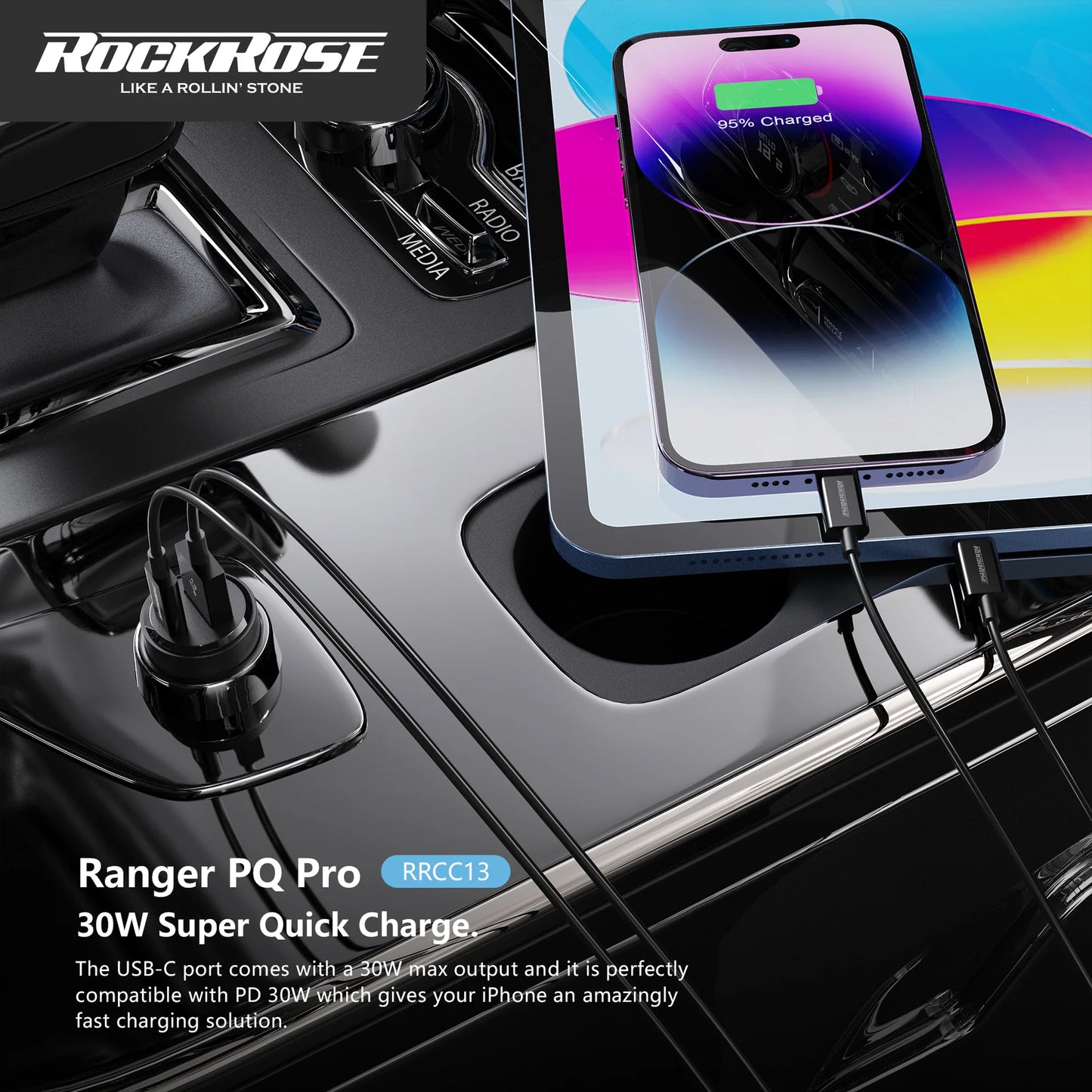 روكروز 30 واط شاحن سيارة بمنفذين ادخال - Rockrose 30W PD & QC 3.0 Dual Port Car Charger