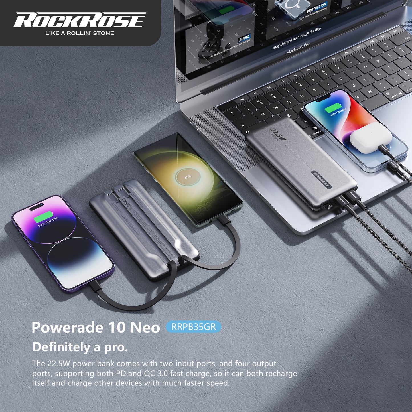ROCKROSE POWERADE 10 NEO 10000mAh 22.5W Quick Charge Power Bank - باور بانك بسعة 10000ميلي أمبير بقدرة 22.5 واط من روك روز