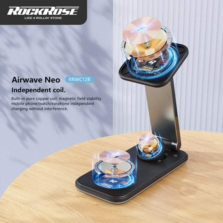 RockRose 3 in 1 Foldable Wireless MAGSAFE Charging Stand - حامل شحن ماجسيف لاسلكي قابل للطي 3 في 1 من روك روز