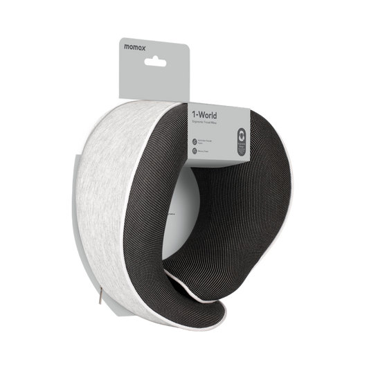 Momax World Ergonomic Travel Pillow | Neck Support for Airplane & Car - مخدة سفر مريحة من مورماكس - تصميم مريح للرقبة، مثالية للطائرة والسيارة
