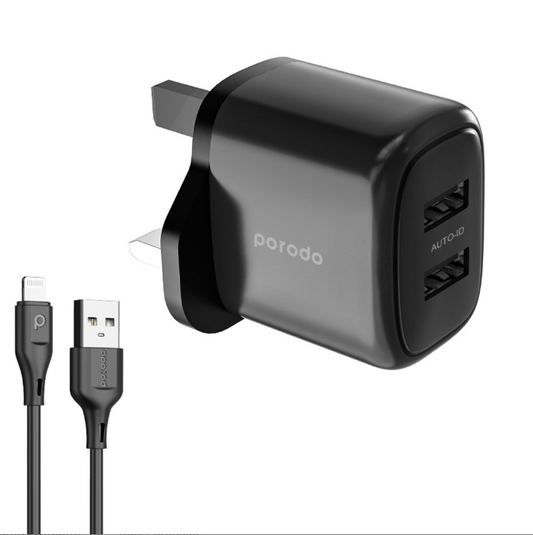 شاحن بورودو مزدوج 12 واط مع منفذي يو اس بي اي مع كيبل لايتننغ بطول 1.2 متر - اسود | Porodo 12W Dual USB-A Wall Charger 2.4A with 1.2M Lightning Cable – Black