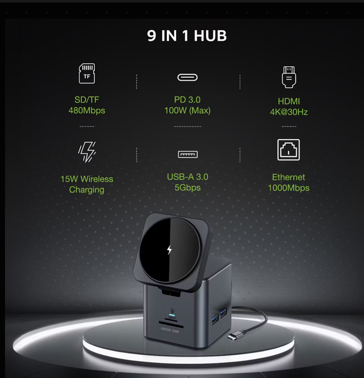 محطة توصيل جرين لايون 9 في 1 - أسود | Green Lion 9 In 1 Hub Docking Station - Black