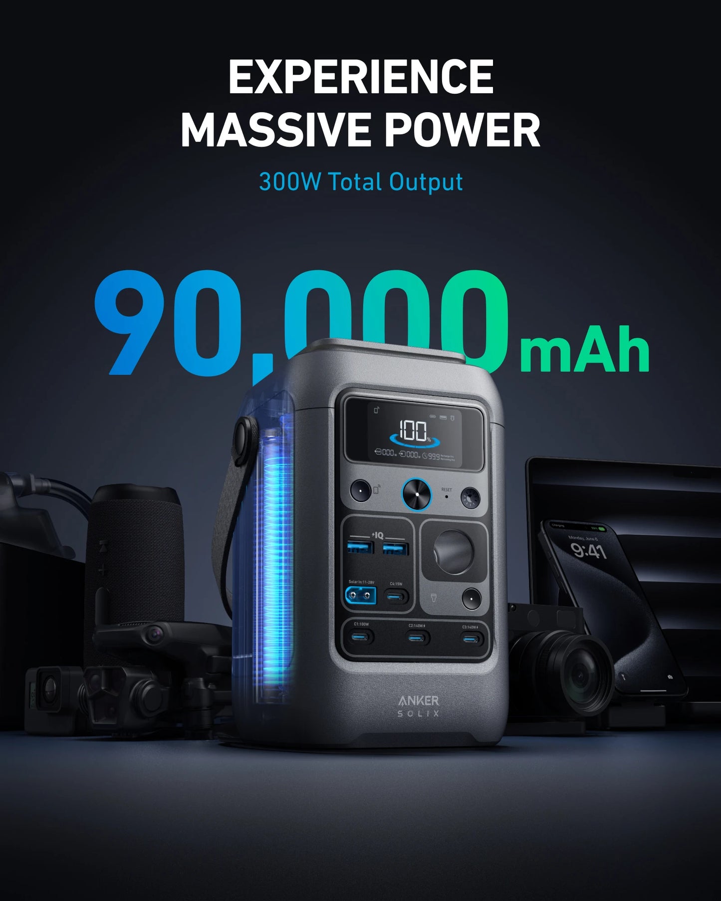 Anker SOLIX C300 DC Portable Power Station (288Wh), 300W Output | محطة الطاقة المحمولة انكر سوليكس C300 DC, بقدرة 300 واط وسعة 288 واط-ساعة