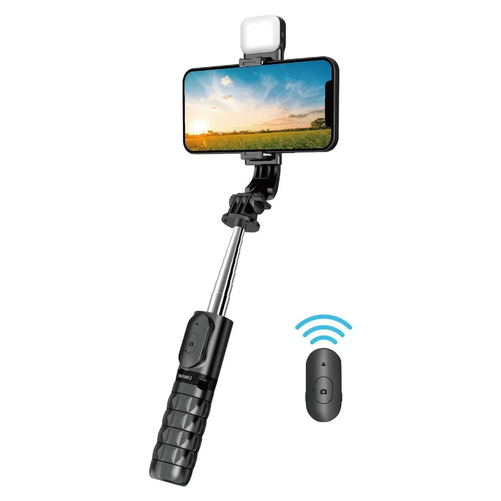 WIWU Live Broadcast Tripod Selfie Stick  - عصى سيلفي مع فلاش لايت امامي بالأضافة الى ريمونت تحكم يصل طول ذراع السيلفي الى 70سم