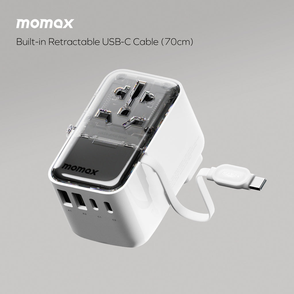 Momax World+ Flow 35W 4-Port Charger with Built-in USB-C Cable + AC Travel Adapter - شاحن موماكس ورلد بلاس فلو بقدرة 35 واط – شاحن سفر عالمي بـ4 منافذ وكابل USB-C مدمج مع محول طاقة AC