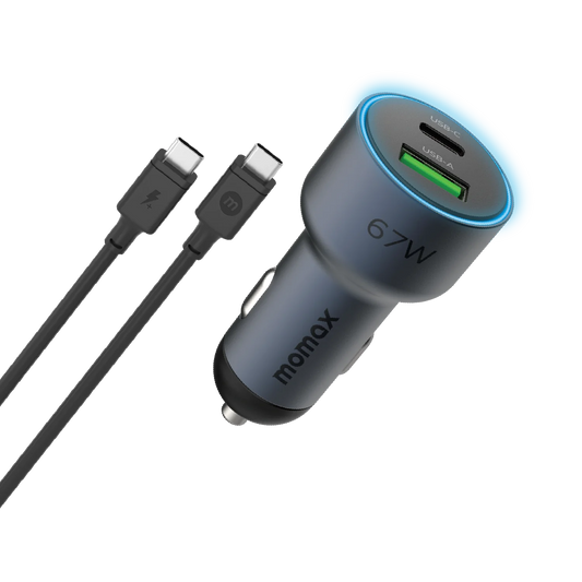 Momax MoVe 67W Dual-Port Car Charger with USB-C to USB-C Cable - شاحن سيارة موماكس موف بقوة 67 واط بمنفذين وكيبل USB-C إلى USB-C