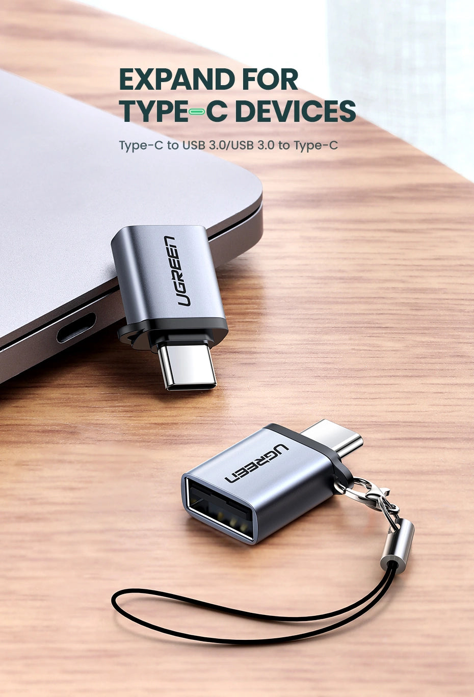 محول OTG يو جرين يو اس بي اي الى يو اس بي سي - رمادي | UGREEN Type-C 3.1 to USB 3.0 A OTG Adapter – Gray