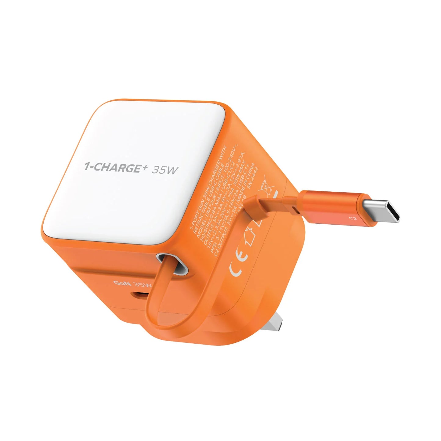 Momax CHARGE & Port 35W GaN Fast Charger with Retractable USB-C Cable - شاحن موماكس جارج & بورت بقدرة 35 واط – شاحن سريع مع كابل USB-C قابل للسحب ومنفذ إضافي